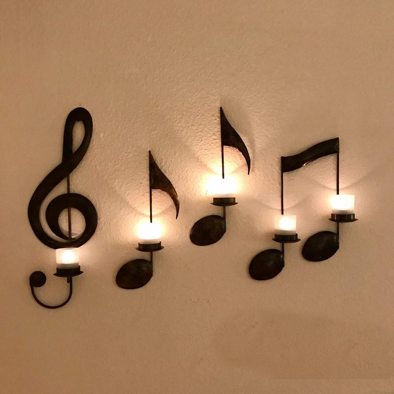MANMAOHE Black Music Note Wall Sconce Metal Wall Sconce Candle Holder Set of 4 Wall Mount Tea Light Candle Holders Musical Symbol Candle Holder Rack for Home Office Classroom - Image 1